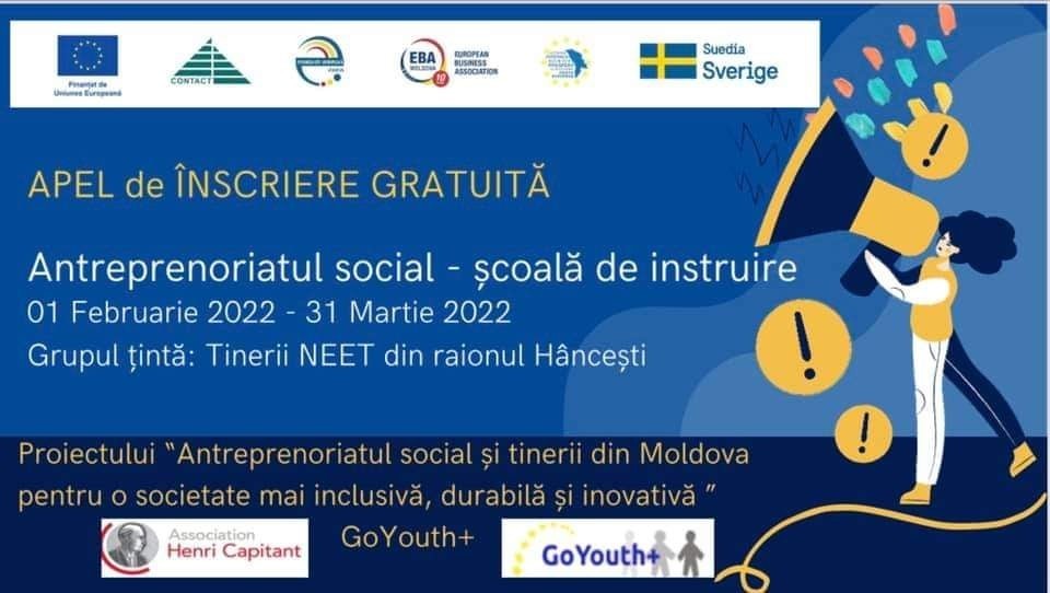 Tinerii  se pot înscrie la instruiri despre antreprenoriatul social. Vor fi acordate două mini granturi de 2.000 de euro